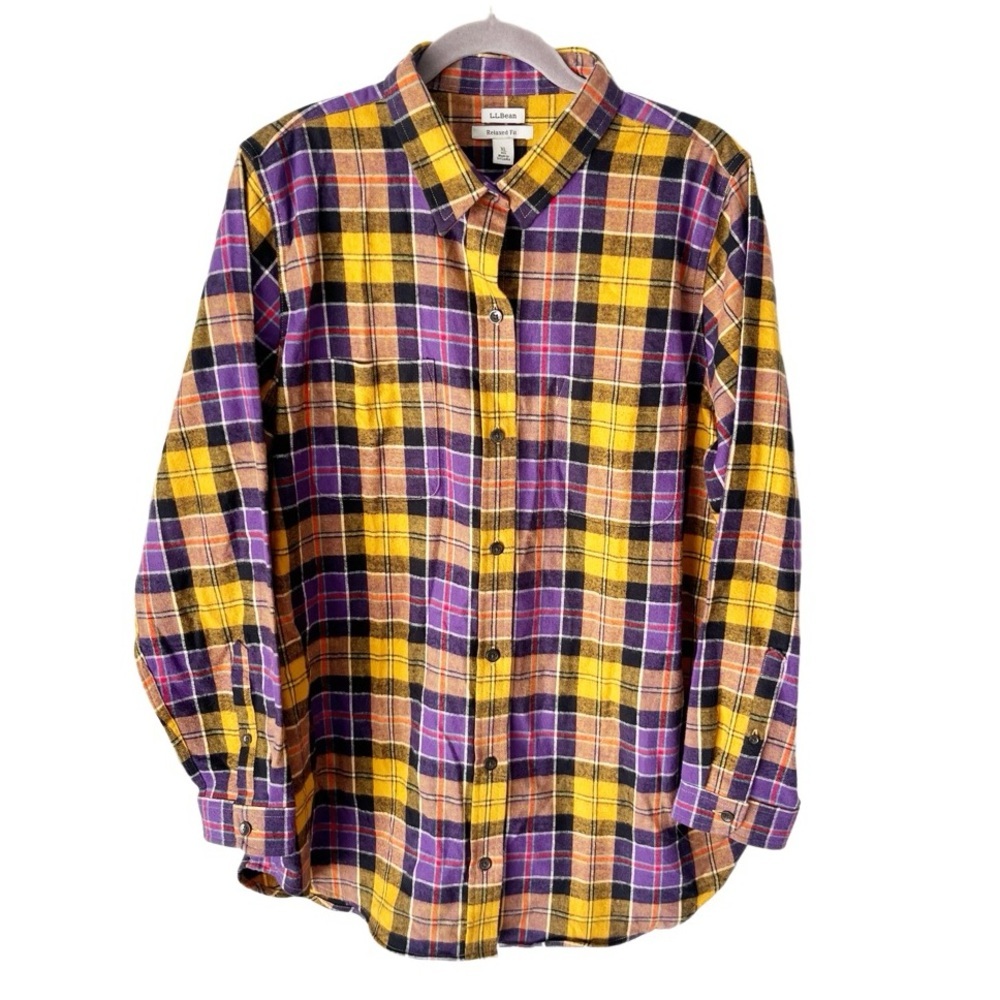 LL Bean Shirt Women's XL Relaxed Fit Plaid Button Down Tunic Flannel Granola